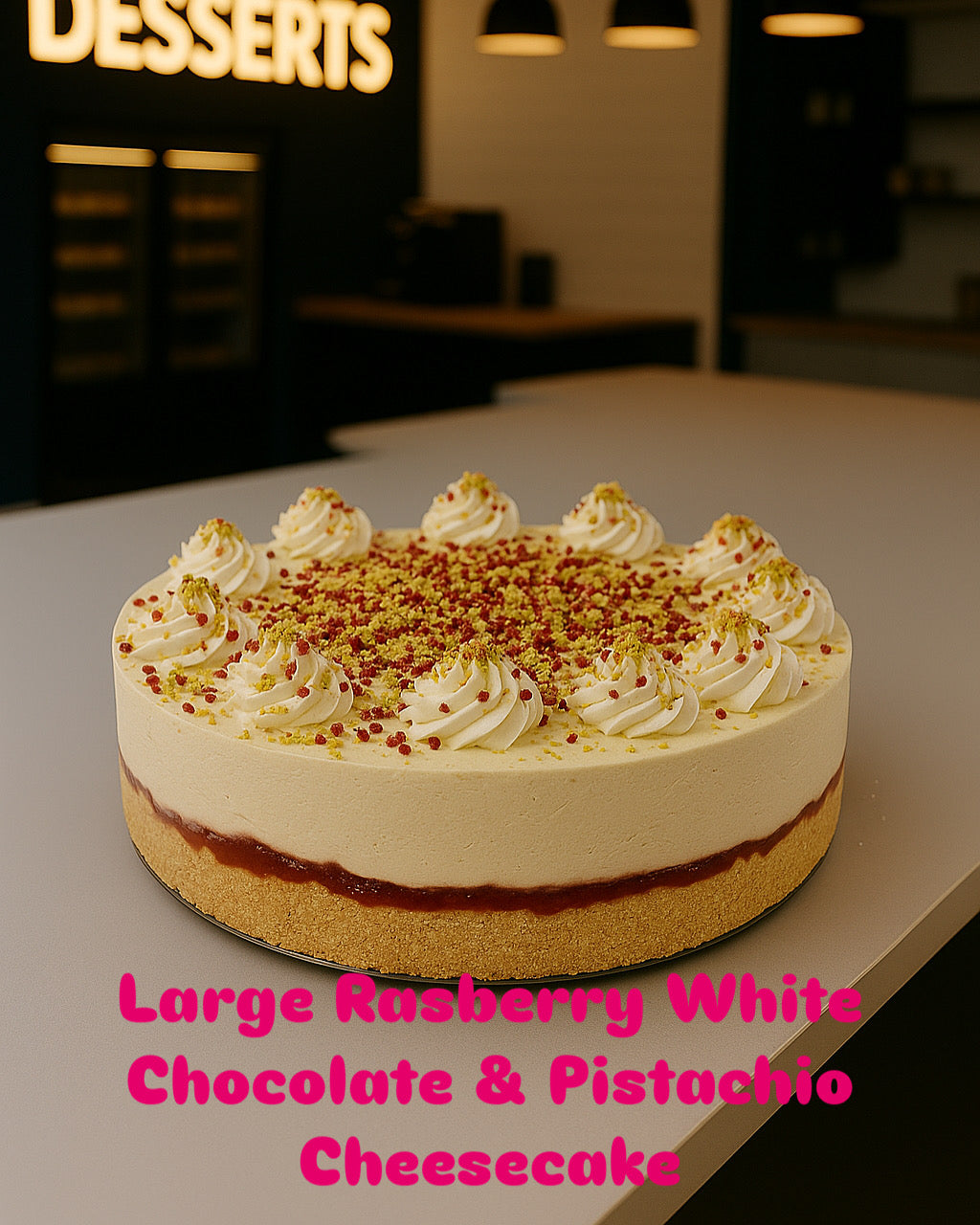 Large Pistachio, Rasberry & White Chocolate Cheesecake