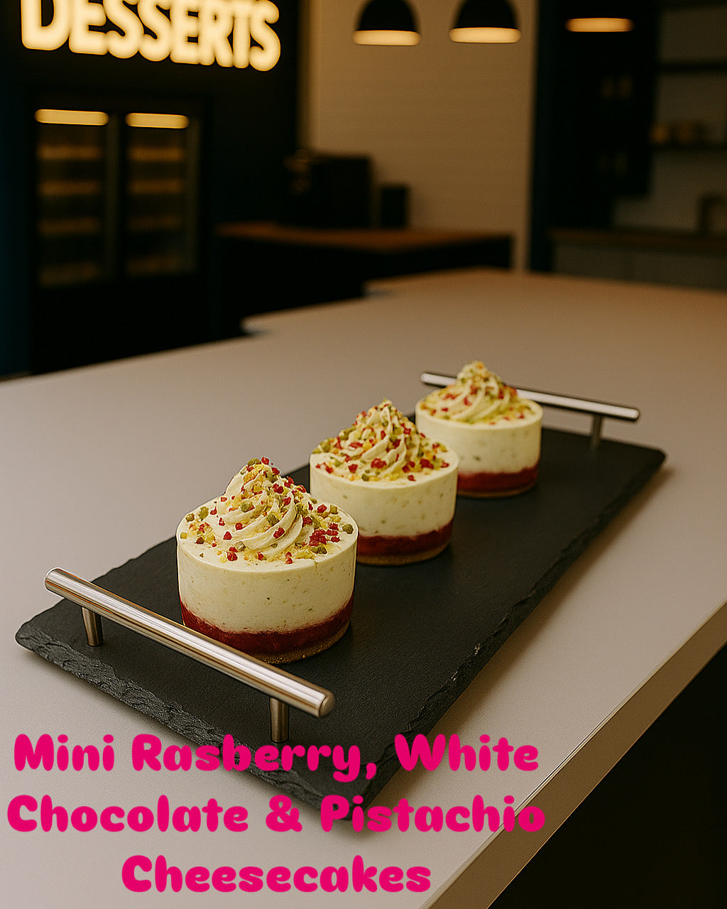 Mini Pistachio, Rasberry & White Chocolate Cheesecake